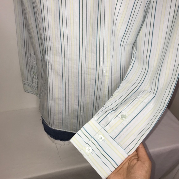 New York &Company Sky Blue Striped Buttoned Blouse - Picture 7 of 8